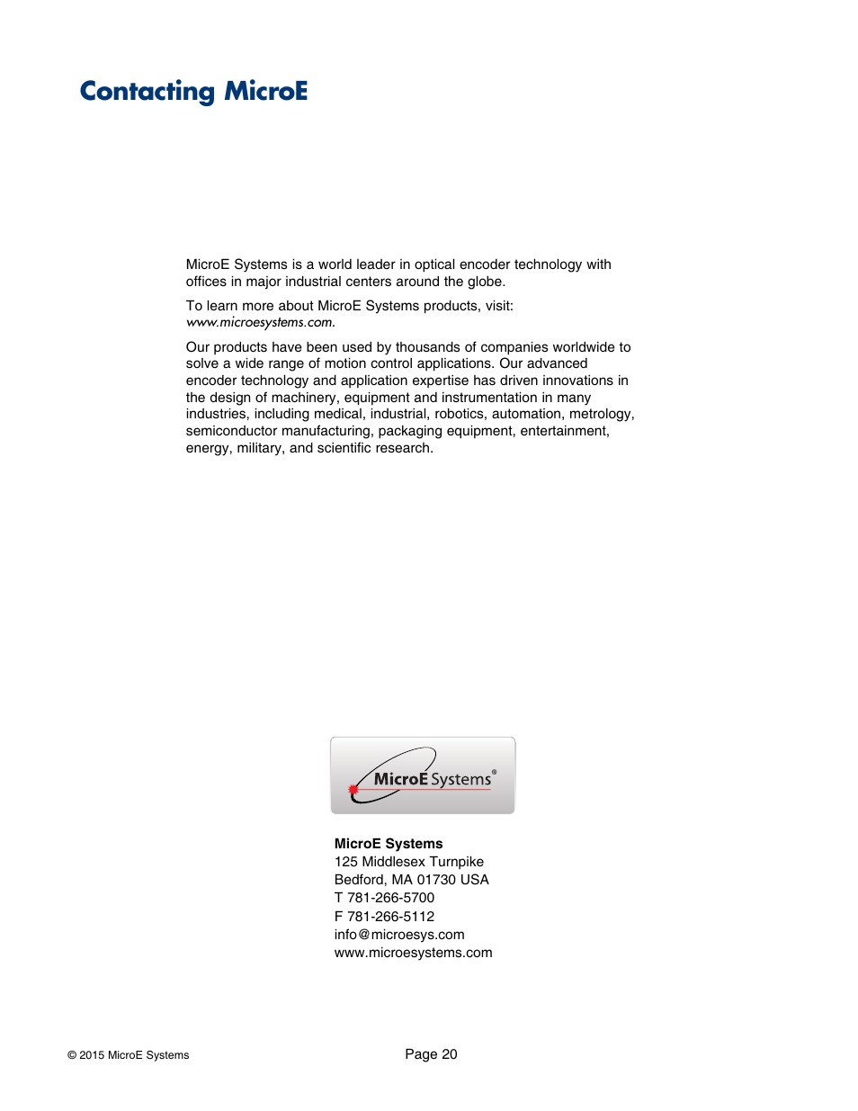 Contacting microe, Contacting microe systems, Contact microe | MicroE MTE Series User Manual | Page 20 / 20