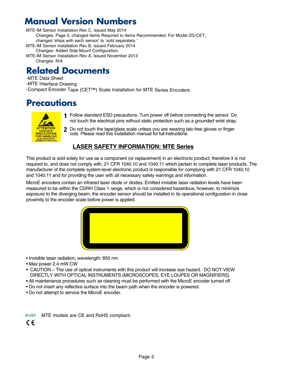 Introduction, Introduction (precautions, manual revision), Precautions | Manual version numbers, Related documents | MicroE MTE Series User Manual | Page 3 / 20