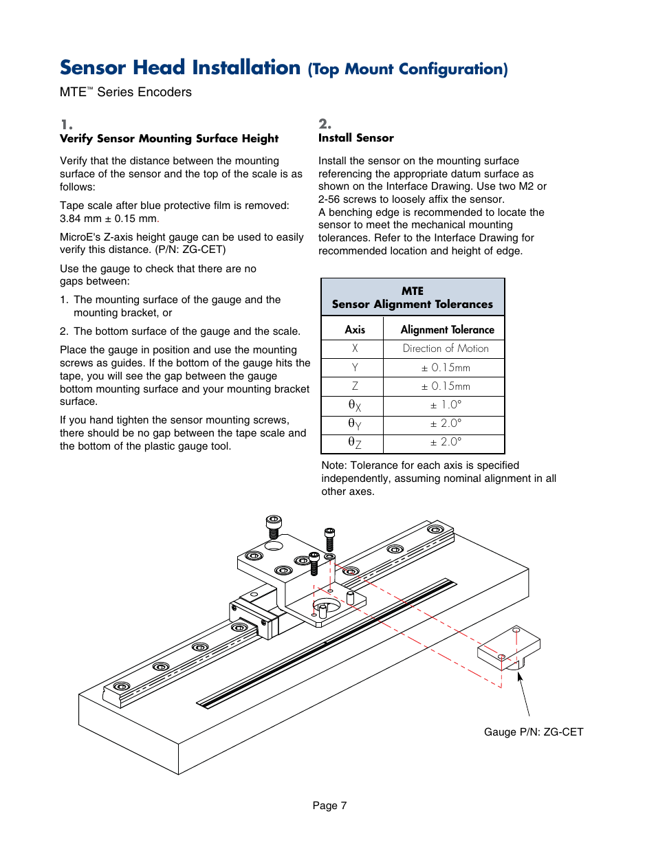 Sensor head installation (top mount configuration), Sensor, Nstallation | Sensor head installation, Top mount configuration) | MicroE MTE Series User Manual | Page 7 / 20