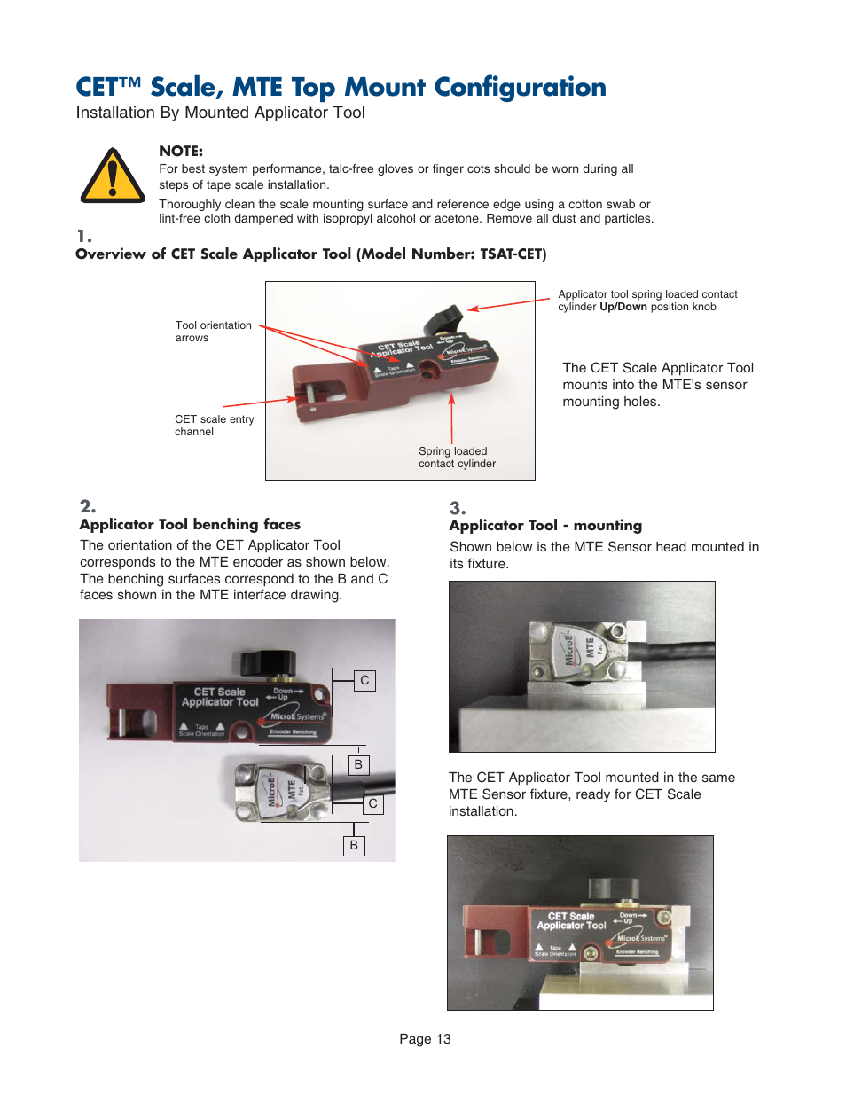Tape scale, lengths >1000mm, By applicator tool, for mte top mount, Cet™ scale, mte top mount configuration | MicroE CET for MTE Series User Manual | Page 13 / 27