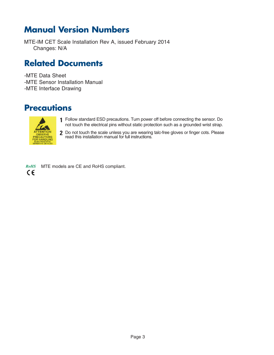 Introduction, Introduction (precautions, manual revisions), Precautions | Manual version numbers, Related documents | MicroE CET for MTE Series User Manual | Page 3 / 27