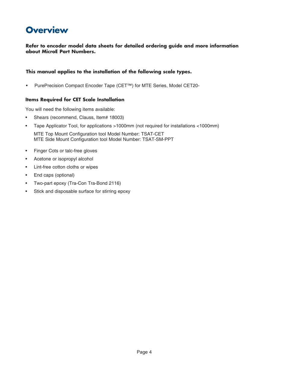Overview, Items required for scale installation | MicroE CET for MTE Series User Manual | Page 4 / 27