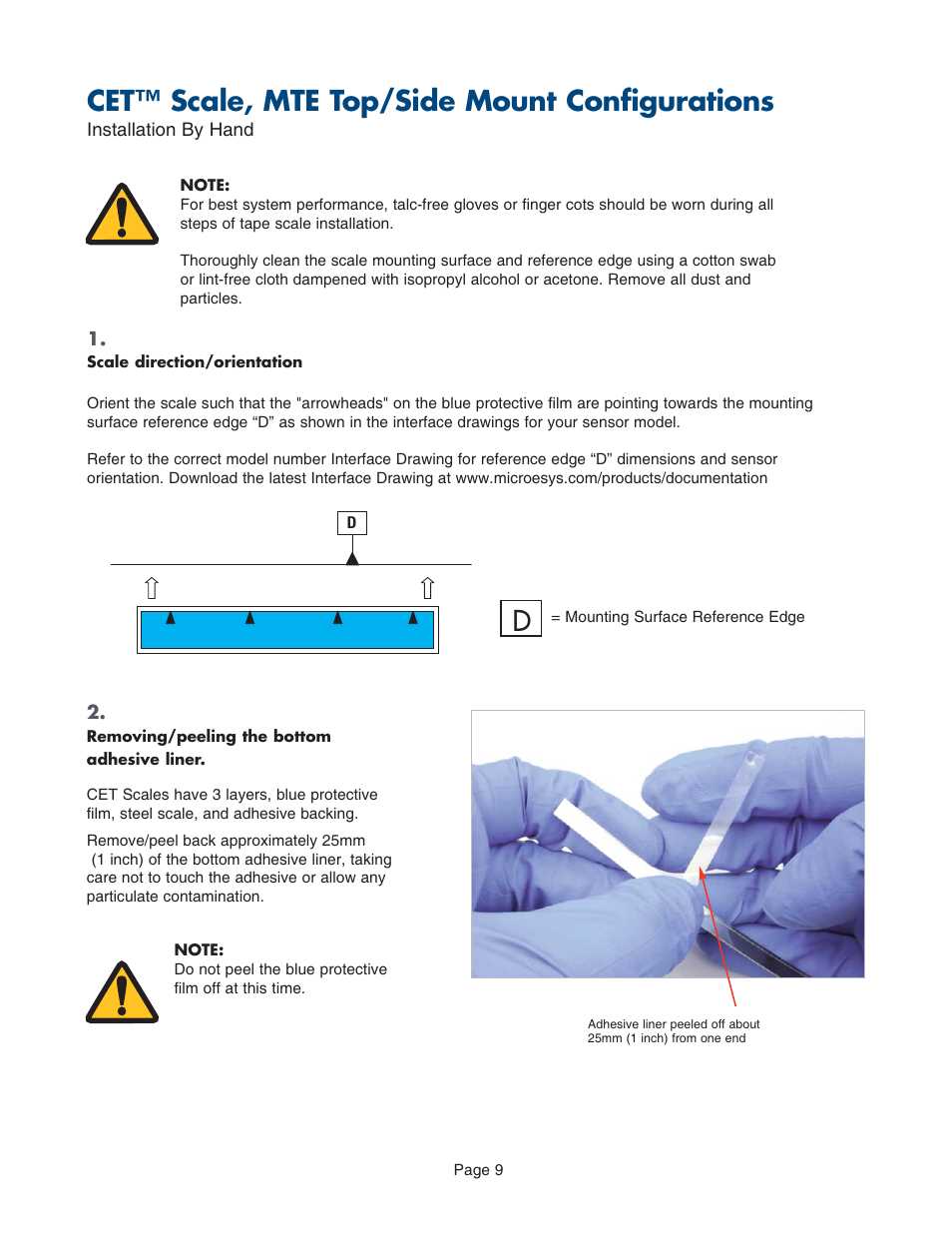 Tape scale, lengths <1000mm, By hand, for mte top mount and mte side mount, Cet™ scale, mte top/side mount configurations | MicroE CET for MTE Series User Manual | Page 9 / 27