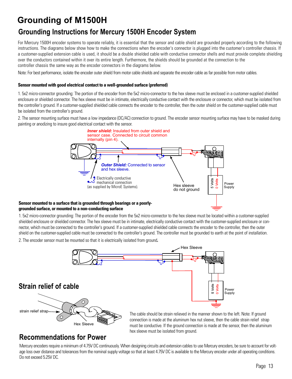 Reference: grounding and strain relief, Grounding of m1500h, Strain relief of cable | MicroE 1500H Mercury User Manual | Page 15 / 20