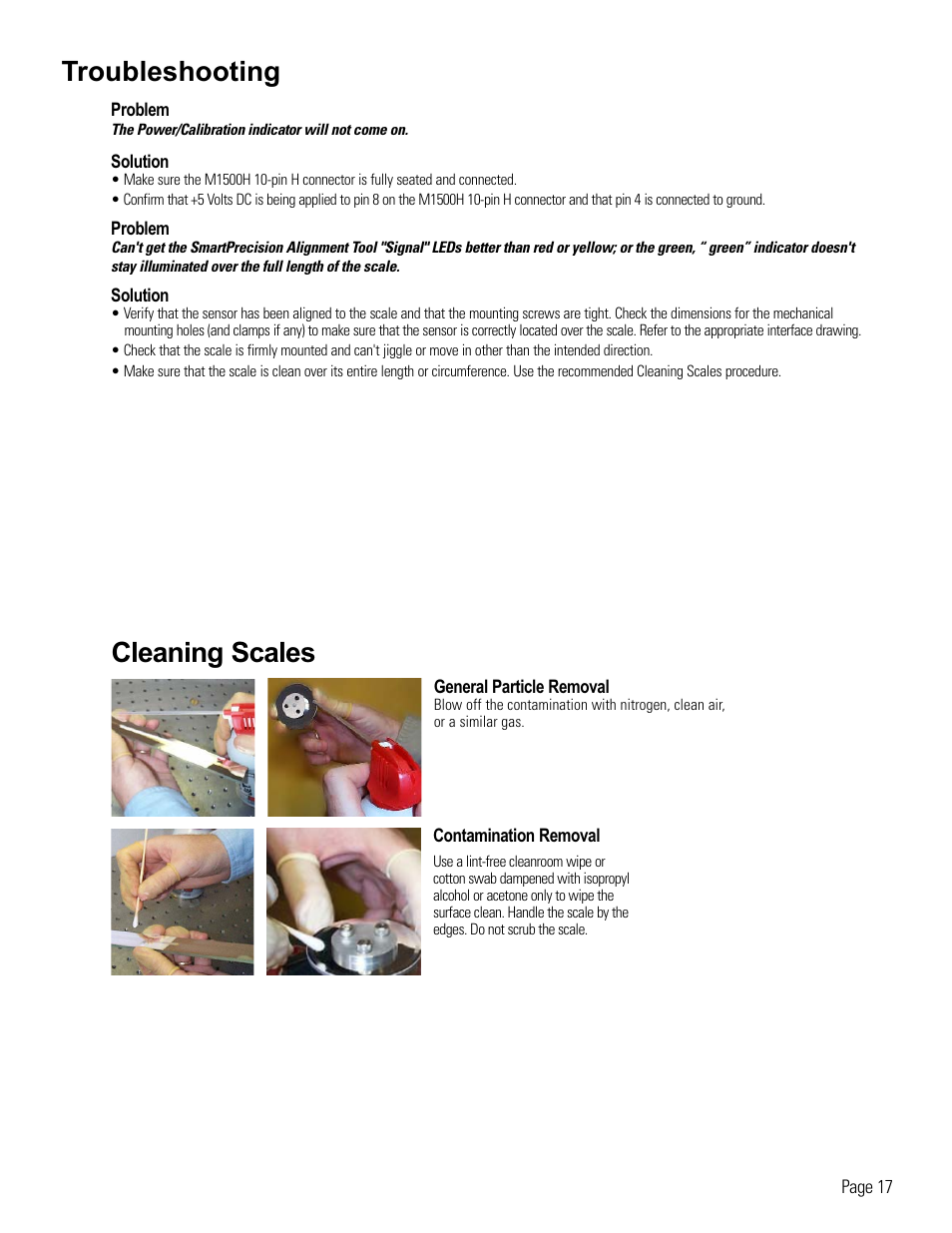Reference: troubleshooting and cleaning scales, Troubleshooting, Cleaning scales | MicroE 1500H Mercury User Manual | Page 19 / 20