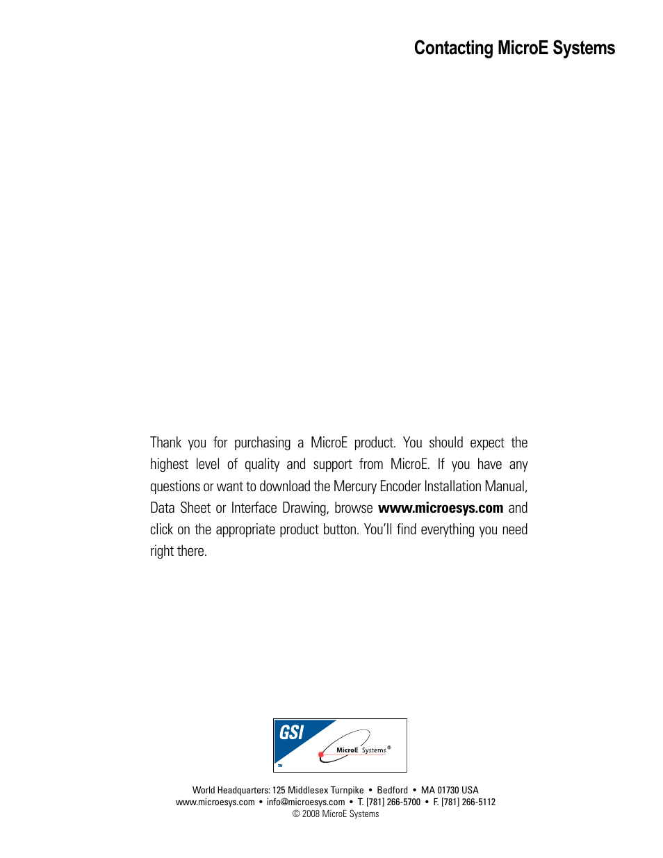 Contacting microe systems | MicroE 1500H Mercury User Manual | Page 20 / 20