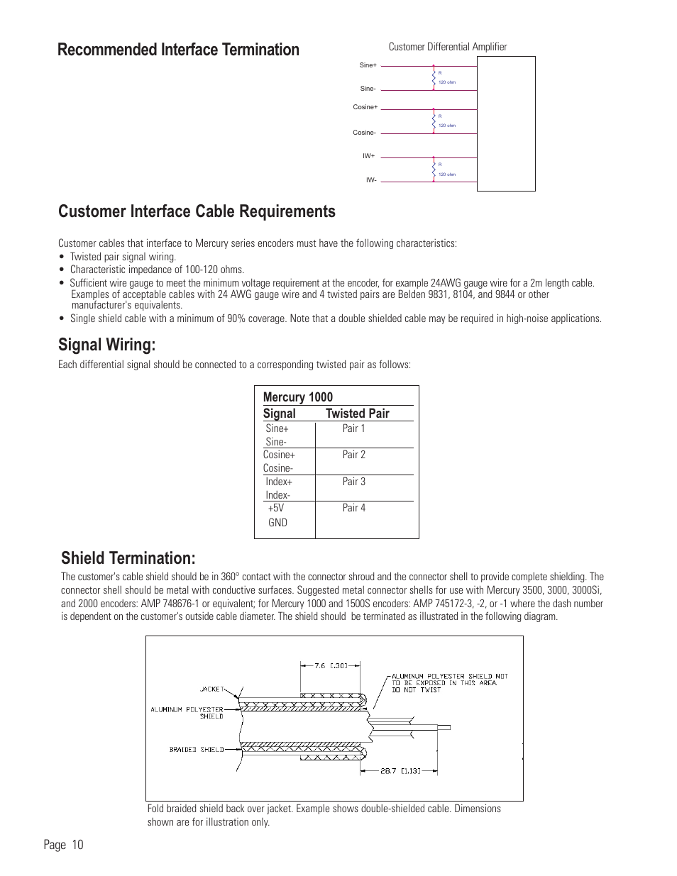 Customer interface cable requirements, Signal wiring, Shield termination | Recommended interface termination, Page 10, Mercury 1000 signal twisted pair | MicroE 1000 Mercury User Manual | Page 12 / 14