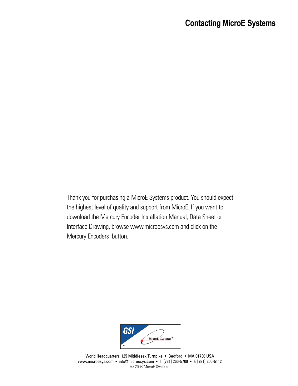 Contacting microe systems | MicroE 1000 Mercury User Manual | Page 14 / 14