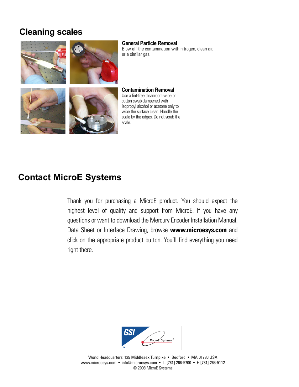 Cleaning and contact microe, Contact microe systems cleaning scales | MicroE 1200 Mercury User Manual | Page 11 / 11