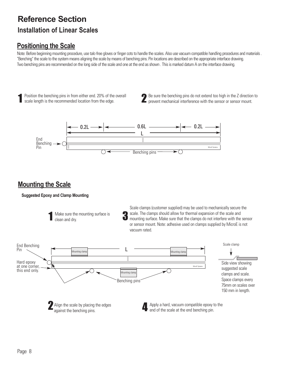 Reference: installing linear scales, Installation of linear scales, Positioning the scale | Mounting the scale | MicroE 3500V Mercury User Manual | Page 10 / 14