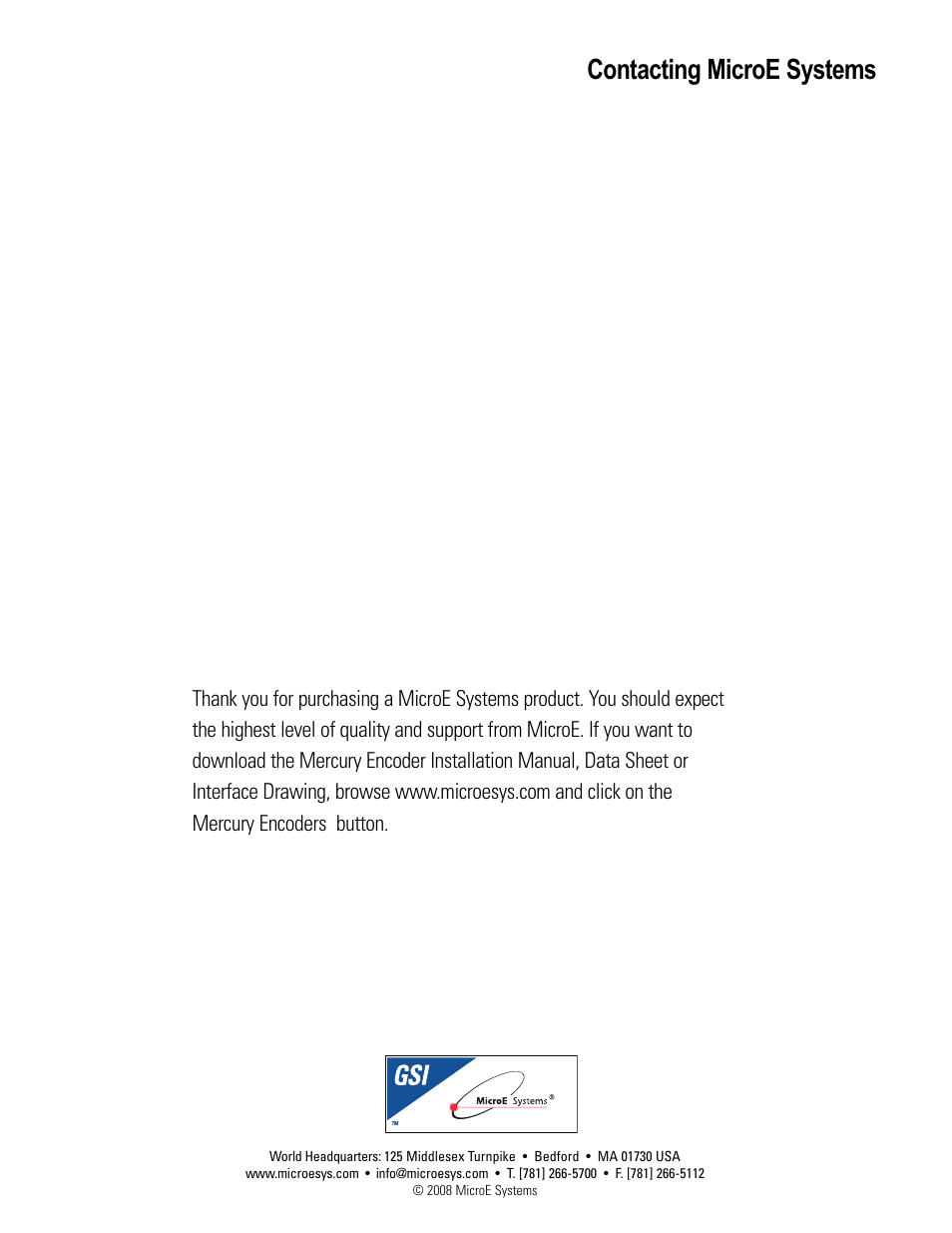 Contacting microe systems | MicroE 3500V Mercury User Manual | Page 14 / 14