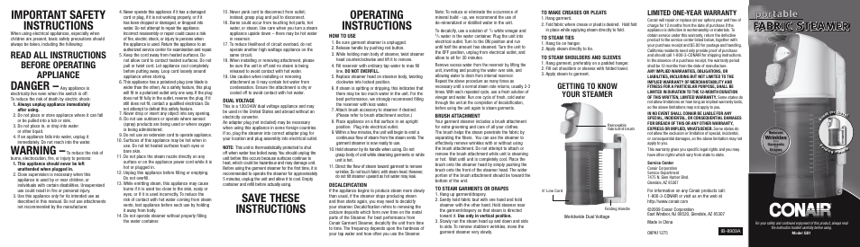 Conair GS1 User Manual | 2 pages