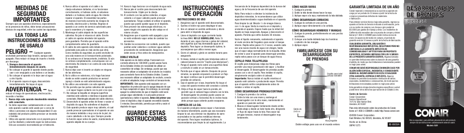 Medidas de seguridad importantes, Peligro, Advertencia | Desarrugador de prendas, Portátil, Lea todas las instrucciones antes de usarlo, Familiarícese con su desarrugador de prendas, Garantía limitada de un año | Conair GS1 User Manual | Page 2 / 2