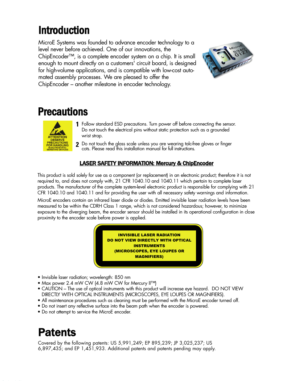 Intro & precautions, Iin nttrro od du uccttiio on n, Ppa atte en ntts s | Pprre ecca au uttiio on nss | MicroE CE300 ChipEncoder User Manual | Page 2 / 10