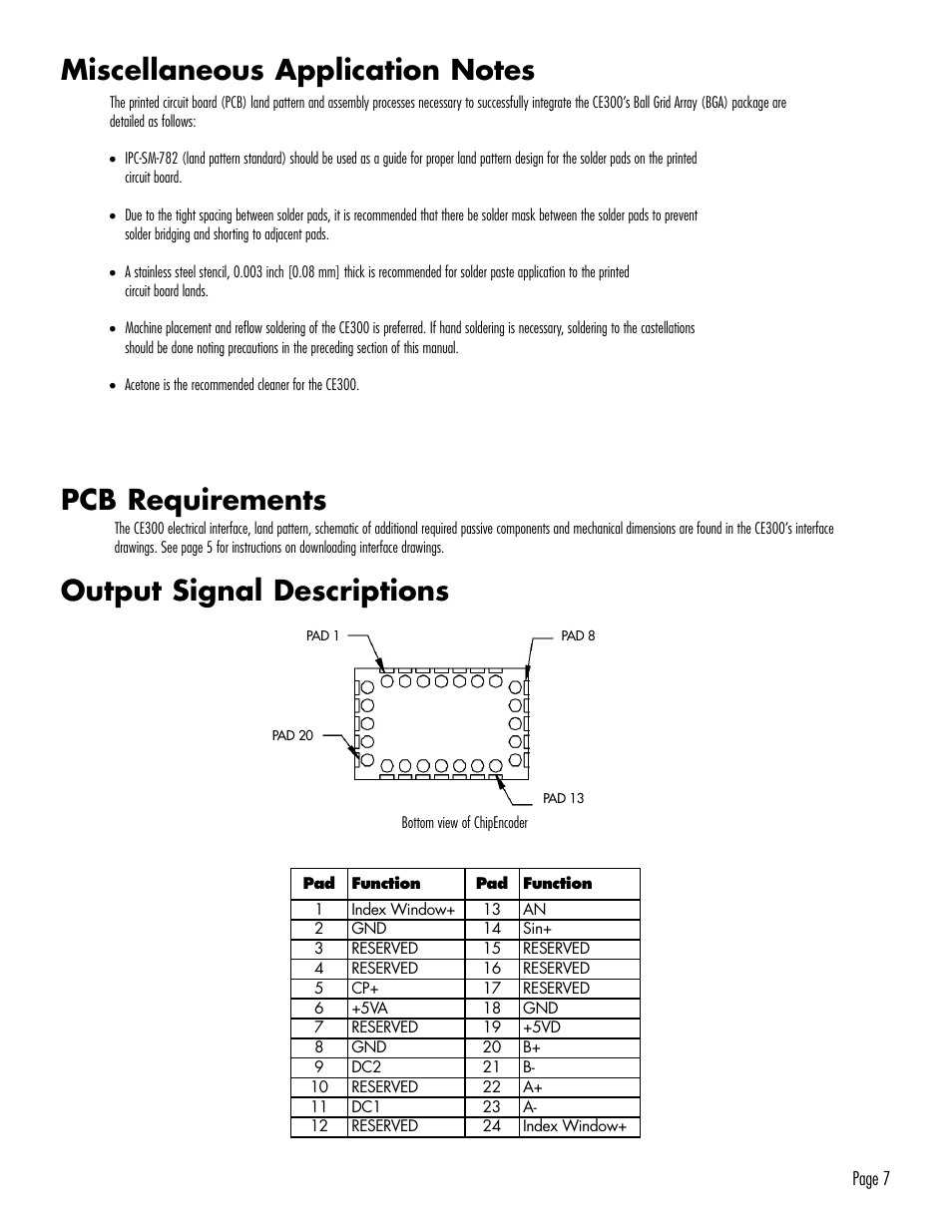 Output signal descriptions pcb requirements | MicroE CE300 ChipEncoder User Manual | Page 7 / 10