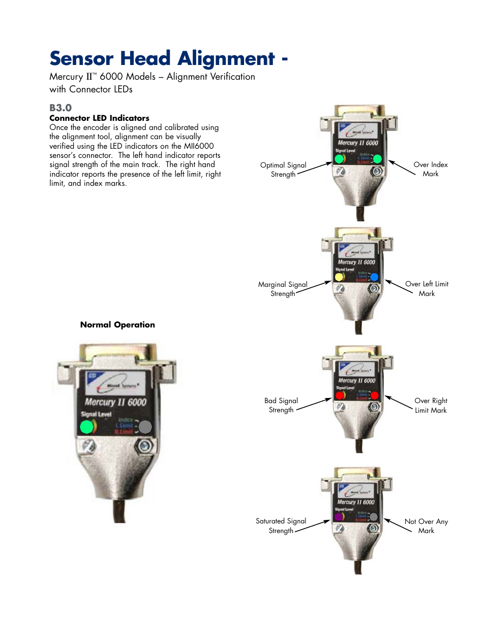 Alignment verification leds, Sensor head alignment | MicroE Mercury II 6000V User Manual | Page 13 / 67