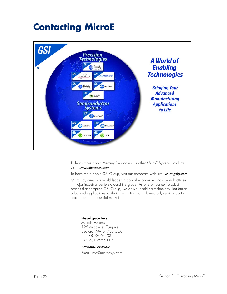 Contacting microe systems, Contacting microe | MicroE Mercury II 6000V User Manual | Page 22 / 67