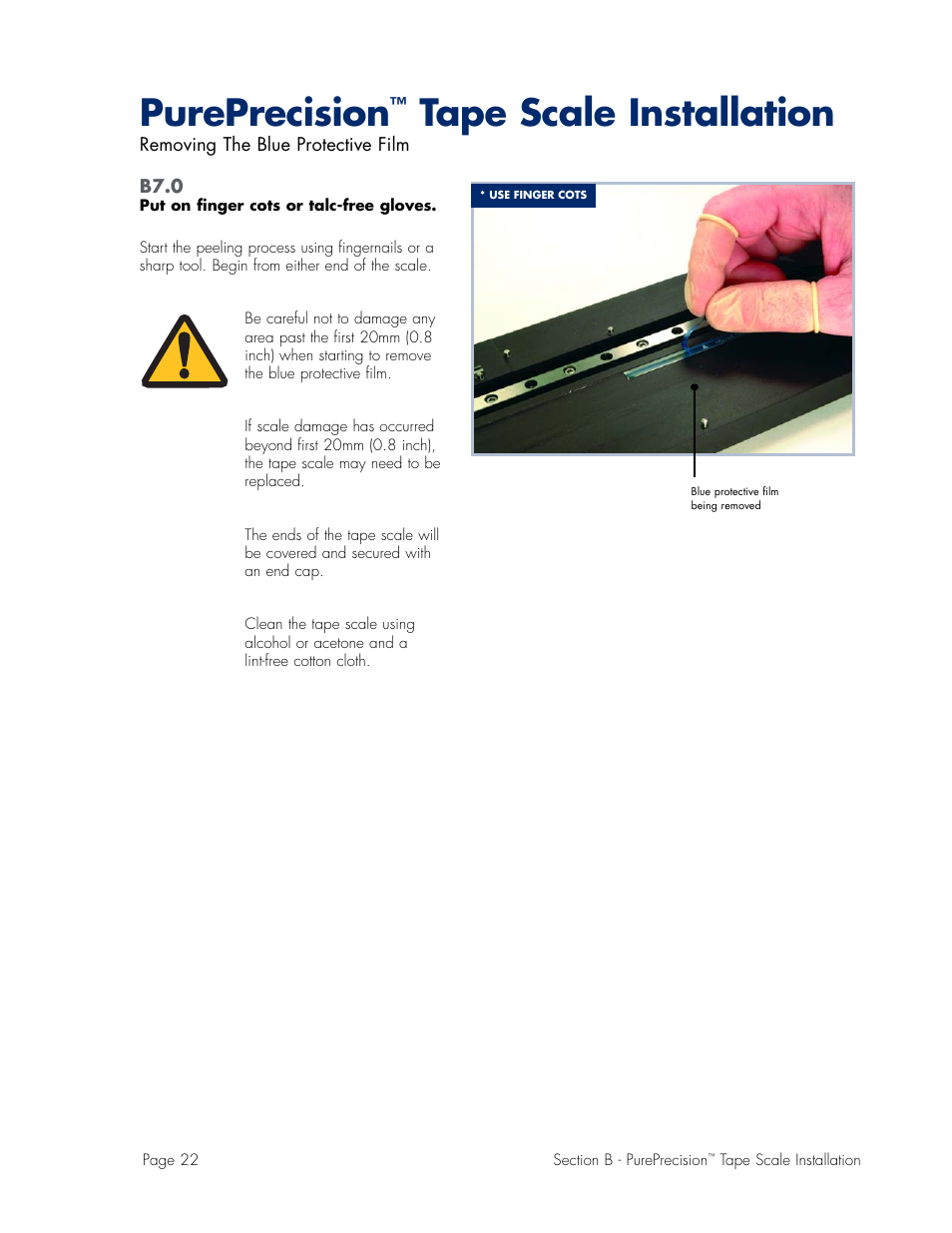 Removing blue film, Pureprecision, Tape scale installation | MicroE Mercury II 6000V User Manual | Page 44 / 67