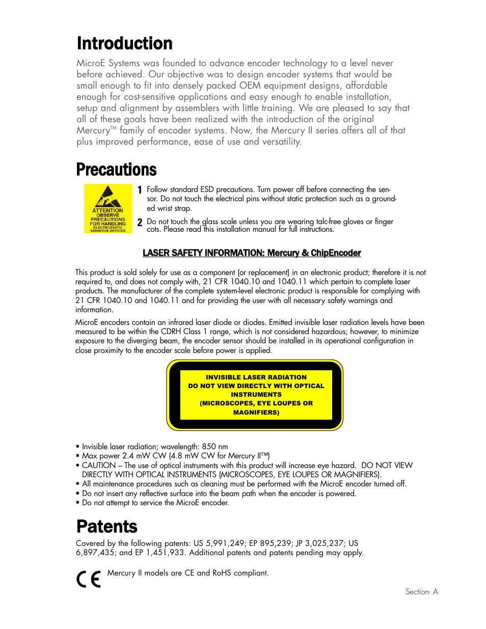 Precautions, Iin nttrro od du uc cttiio on n, Ppa atte en ntts s | Pprre ecca au uttiio on nss | MicroE Mercury II 6000V User Manual | Page 57 / 67