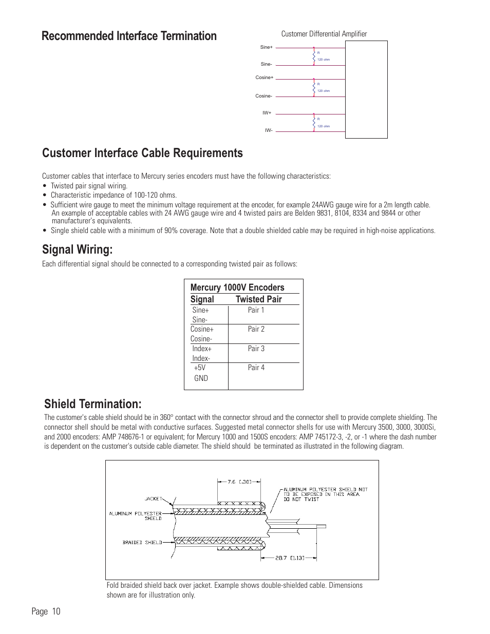 Customer interface cable requirements, Signal wiring, Shield termination | Recommended interface termination, Page 10, Mercury 1000v encoders signal twisted pair | MicroE 1000V Mercury User Manual | Page 12 / 14