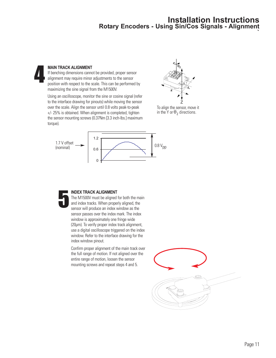 Rotary encoder alignment-using sin/cos signals, Installation instructions | MicroE 1500V Mercury User Manual | Page 13 / 19