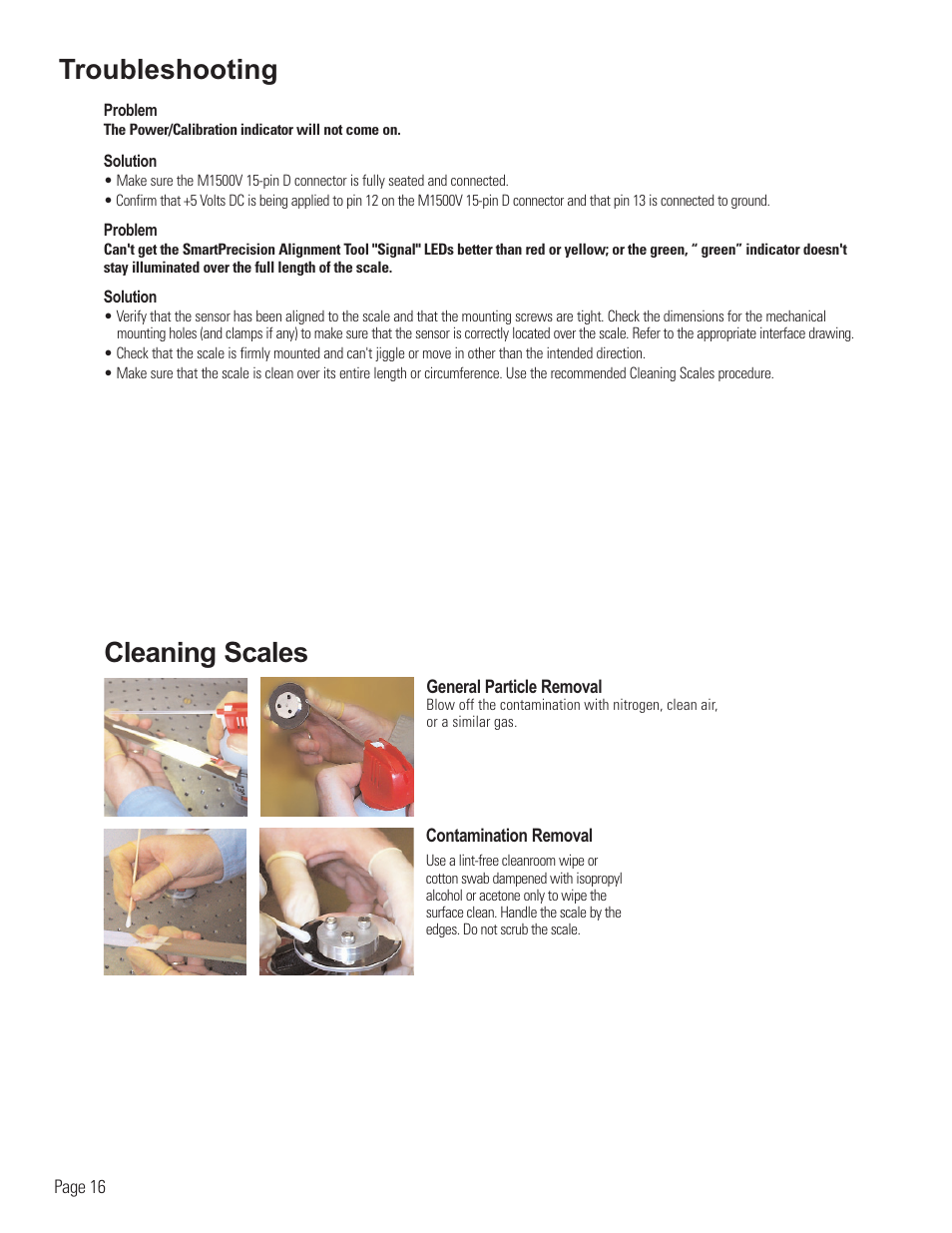 Reference: troubleshooting and cleaning scales, Troubleshooting, Cleaning scales | MicroE 1500V Mercury User Manual | Page 18 / 19