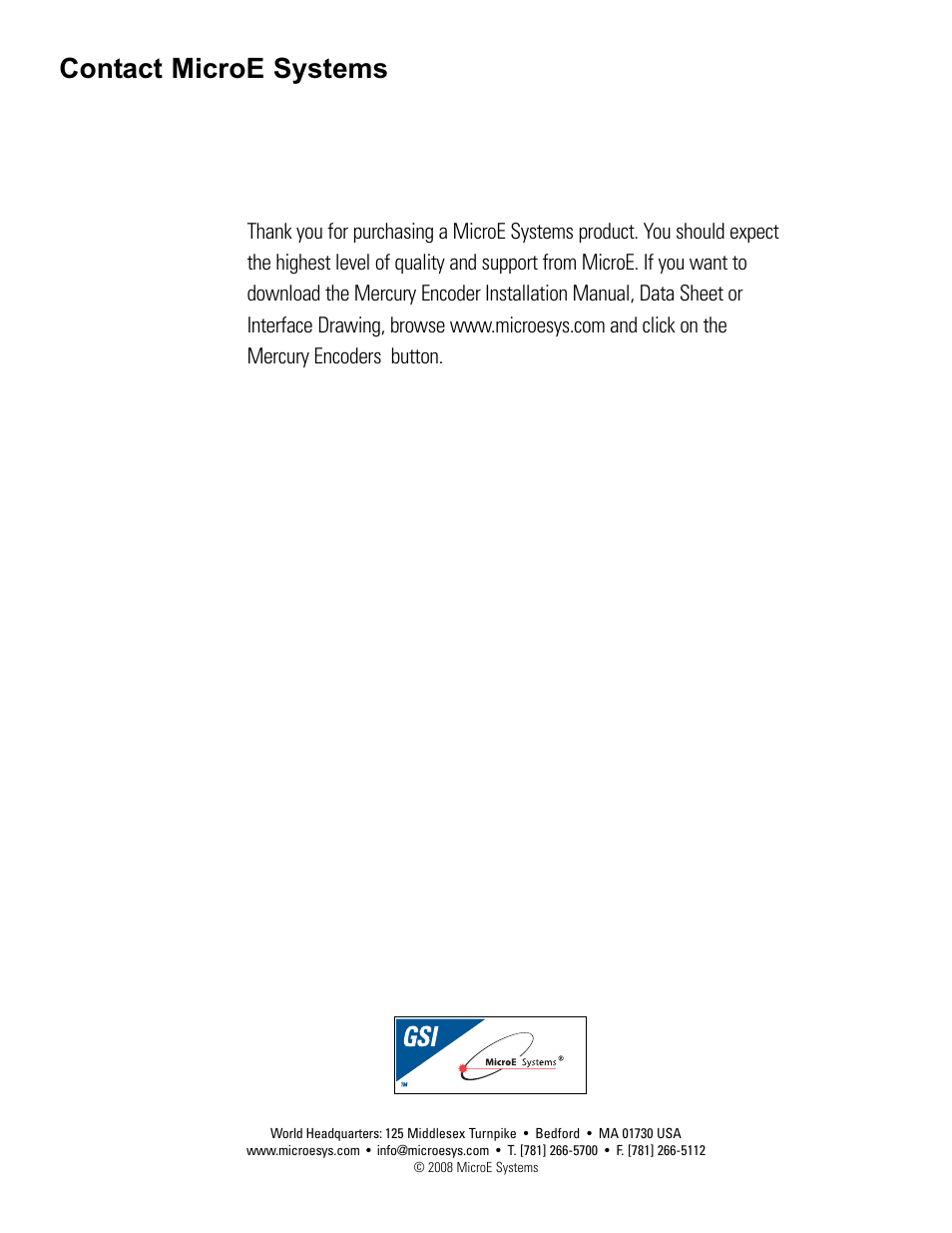 Contacting microe systems, Contact microe systems | MicroE 1500V Mercury User Manual | Page 19 / 19