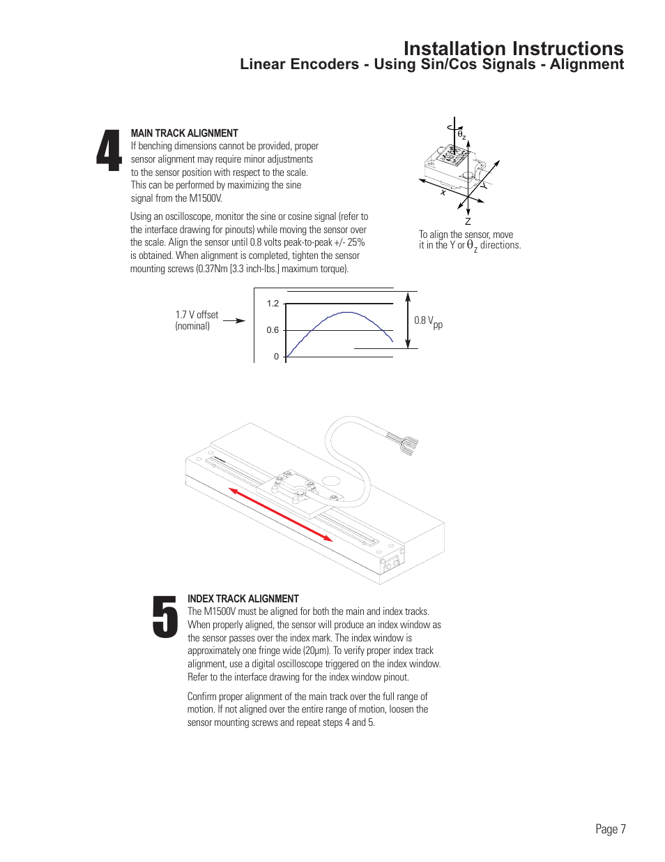 Linear encoder alignment-using sin/cos signals, Installation instructions | MicroE 1500V Mercury User Manual | Page 9 / 19