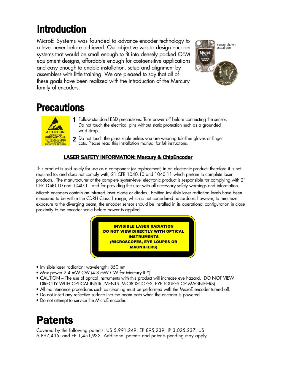 Intro & precautions, Iin nttrro od du uccttiio on n, Ppa atte en ntts s | Pprre ecca au uttiio on nss | MicroE 3500Si Mercury User Manual | Page 2 / 21