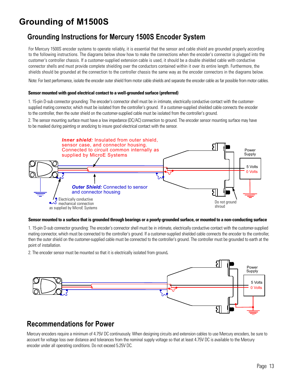 Reference: grounding instructions, Grounding of m1500s, Recommendations for power | MicroE 1500S Mercury User Manual | Page 15 / 19