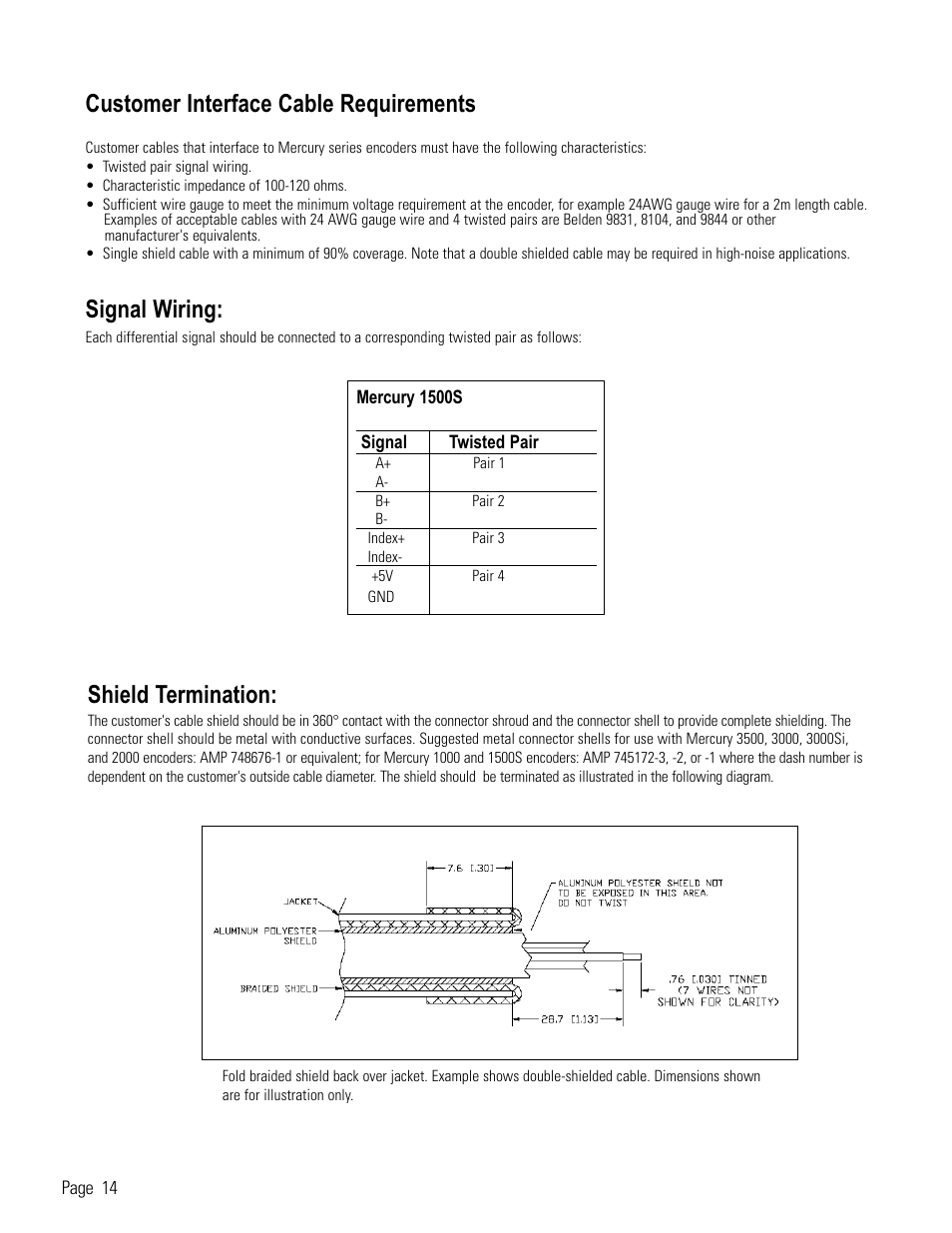 Reference: customer interface cabling, Customer interface cable requirements, Signal wiring | Shield termination | MicroE 1500S Mercury User Manual | Page 16 / 19