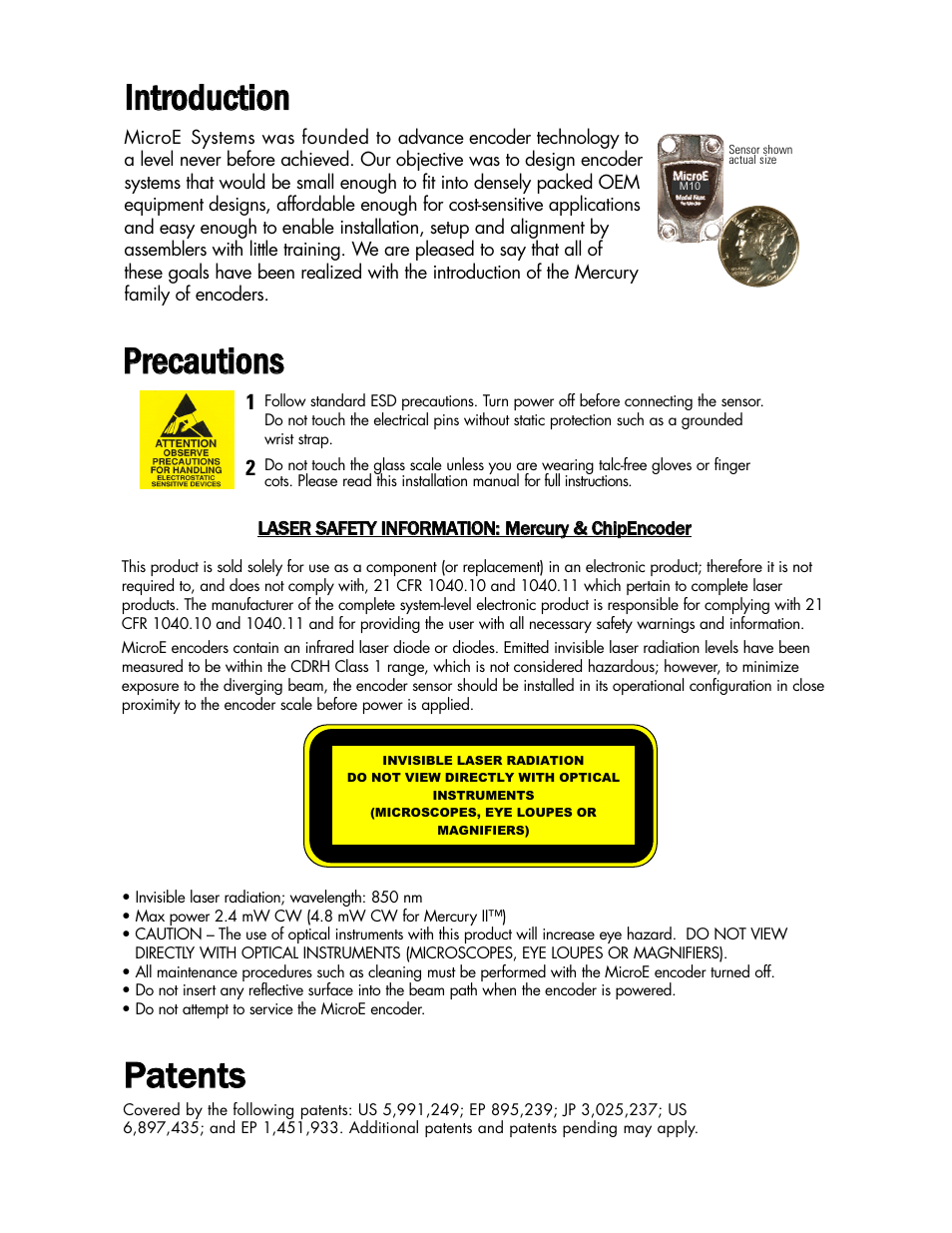 Intro & precautions, Iin nttrro od du uccttiio on n, Ppa atte en ntts s | Pprre ecca au uttiio on nss | MicroE 1500S Mercury User Manual | Page 2 / 19