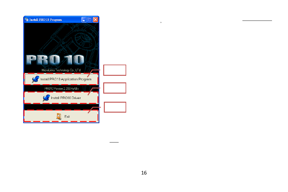 Quit installation program (step 4) . 16, Operate application program, Video preview window | Images preview window, Main menu | MicroLinks PRO10 - user guide User Manual | Page 18 / 25