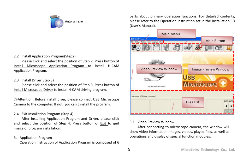 Install application program(step2), Install driver(step 3), Exit installation program (step 4) | Application program, Video preview window | MicroLinks UM03 - user guide User Manual | Page 7 / 9