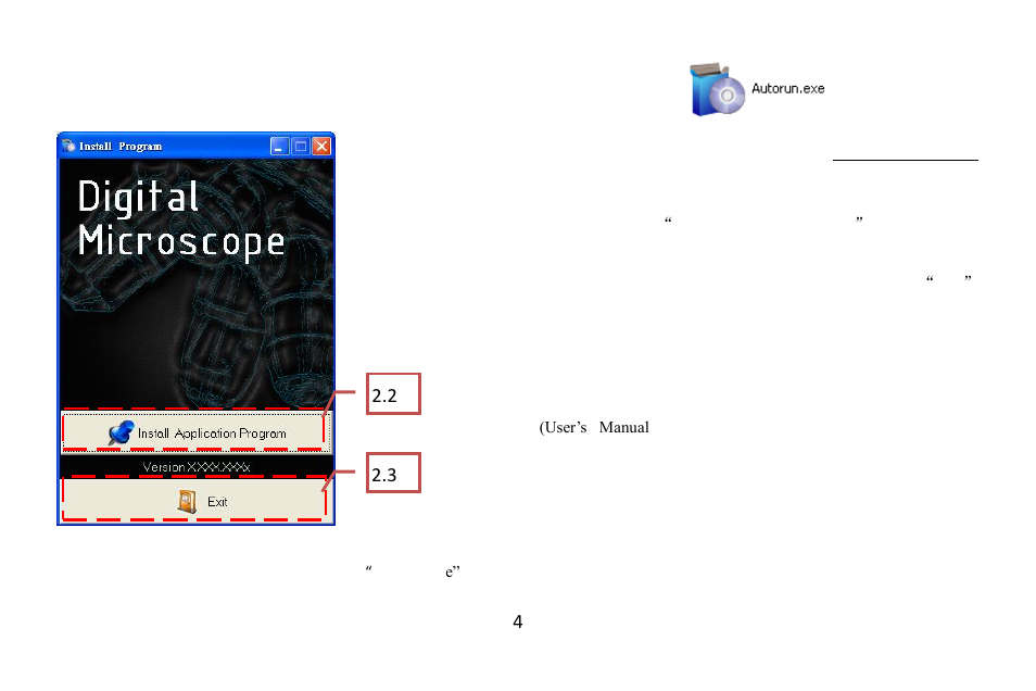 1 insert installation cd (step 1), 2 install application program (step 2), 3 exit installation program (step 3) | Application program, 1 video preview window, 2 image preview window | MicroLinks UM05 - user guide User Manual | Page 6 / 11