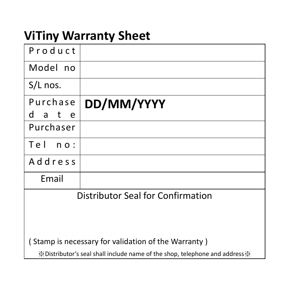 Vitiny warranty sheet | MicroLinks UM12 - user guide User Manual | Page 13 / 16