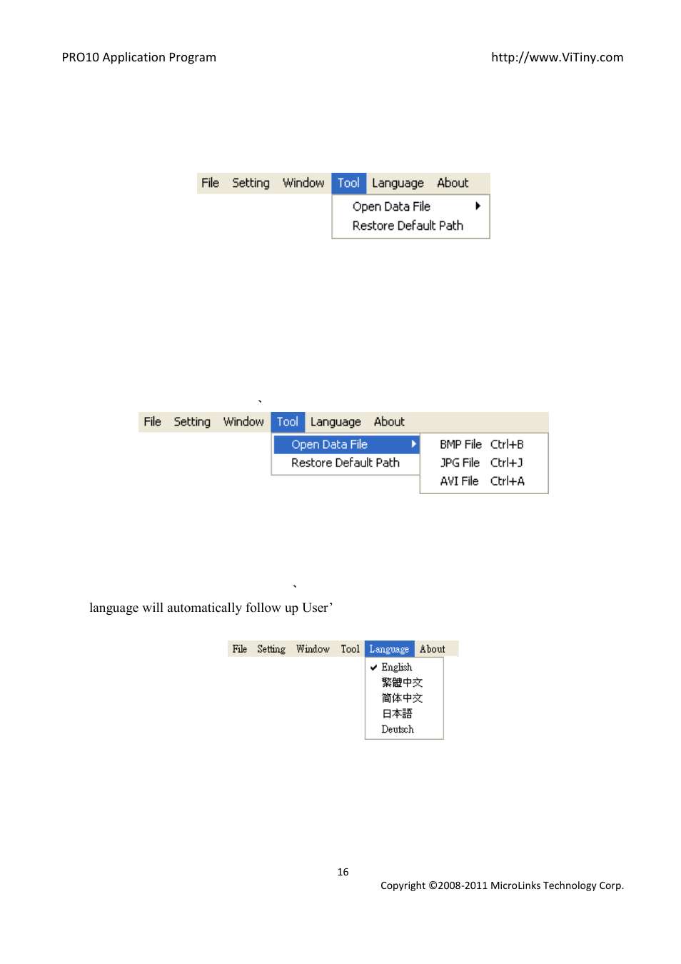 Tool, Restore default path, Open data file | Language | MicroLinks PRO10 - user manual User Manual | Page 16 / 62