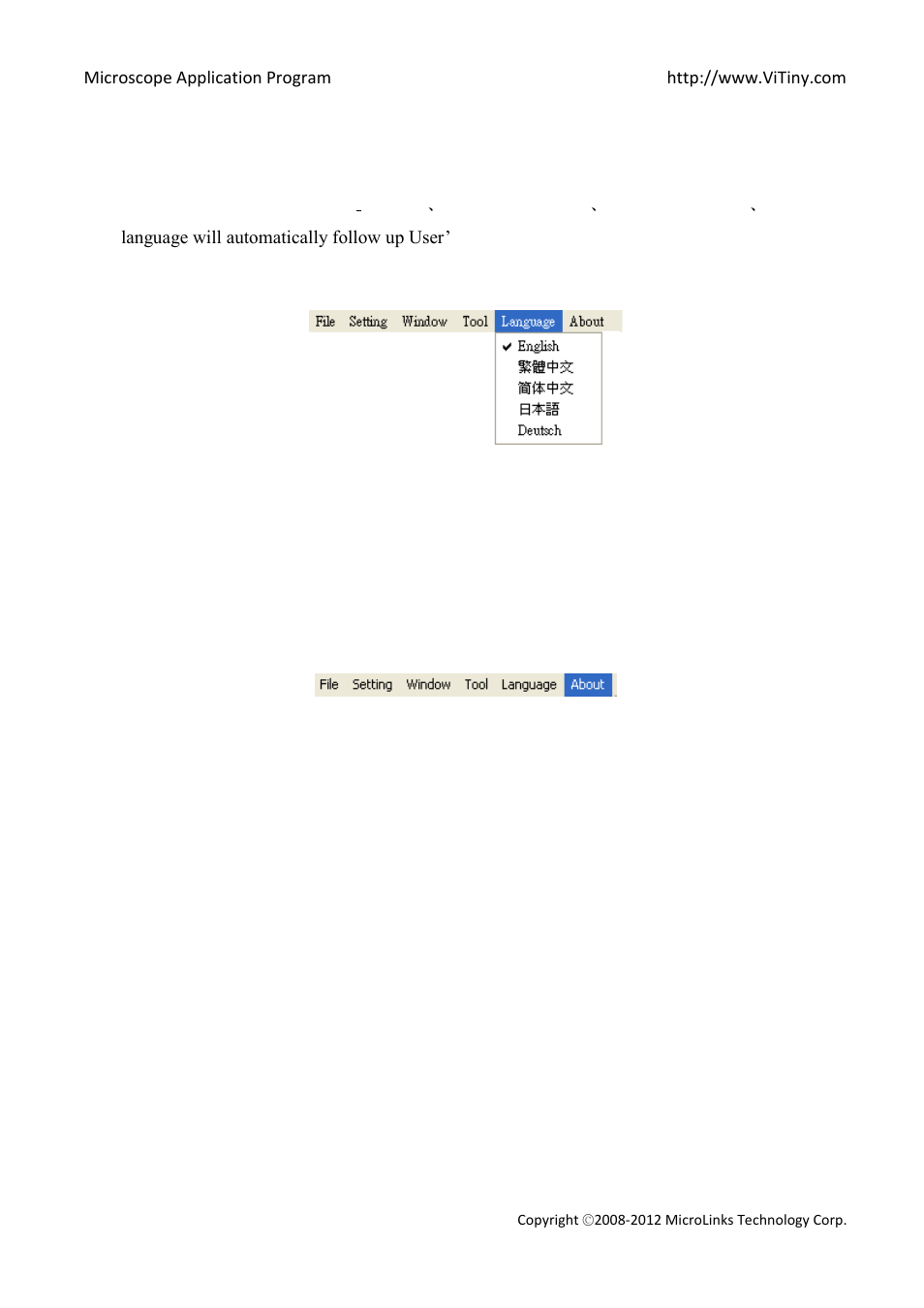 Language, About | MicroLinks VT300 - user manual User Manual | Page 17 / 63