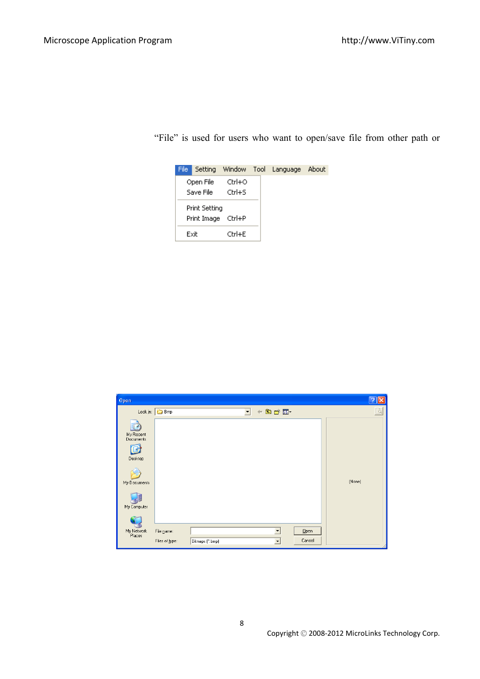 Main toolbars, File, Open file | MicroLinks UM02 - user manual User Manual | Page 8 / 63