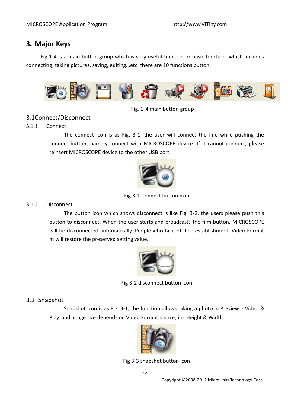 Major keys 3.1, Connect/disconnect, Connect | Disconnect, Snapshot, Major keys | MicroLinks UM03 - user manual User Manual | Page 19 / 34