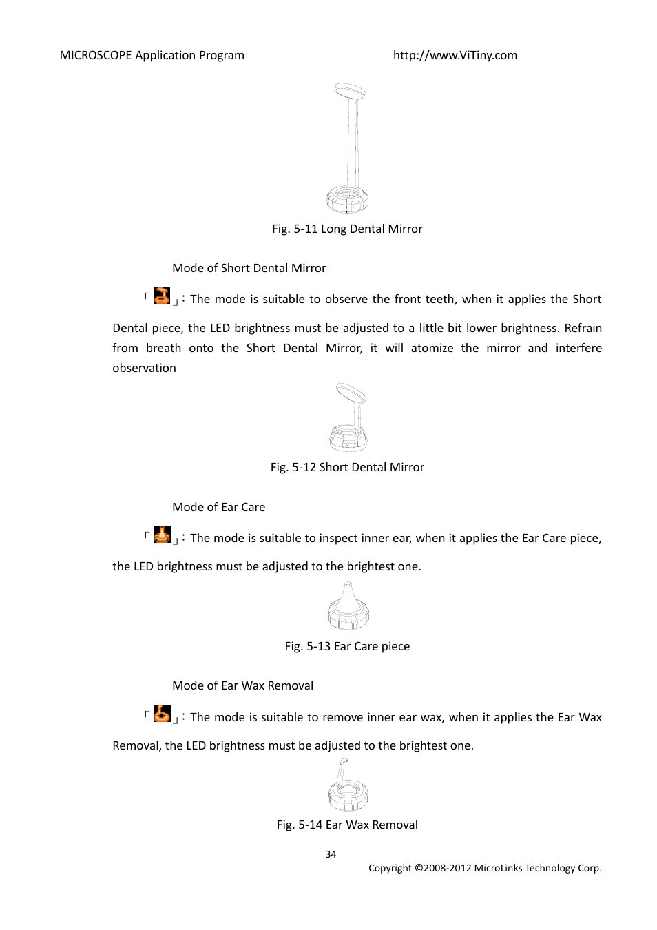 Mode of short dental mirror, Mode of ear care, Mode of ear wax removal | MicroLinks UM03 - user manual User Manual | Page 34 / 34