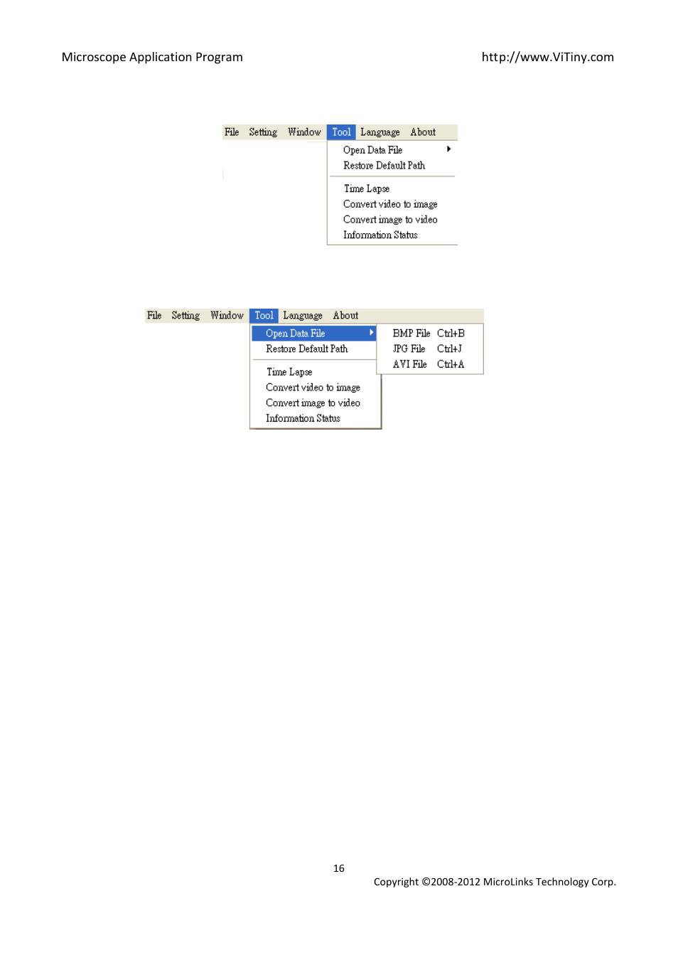 Tool, Open data file, Restore default path | Time lapse, 4 tool | MicroLinks UM05 - user manual User Manual | Page 16 / 72