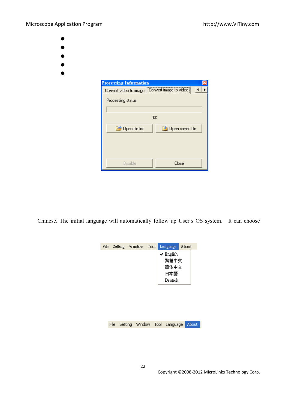 Language, About | MicroLinks UM05 - user manual User Manual | Page 22 / 72