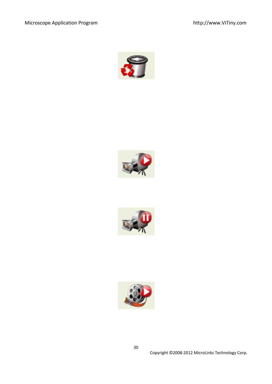 Delete image, Video recording / stop video recording, Video recording | Stop recording, Video playing / stop playing video, Video playing | MicroLinks UM05 - user manual User Manual | Page 30 / 72