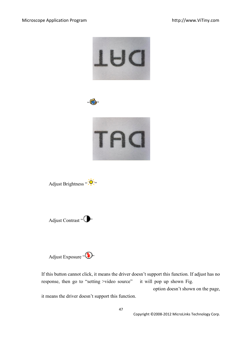 Horizontal rotation, Adjust brightness, Adjust contrast | Adjust exposure | MicroLinks UM05 - user manual User Manual | Page 47 / 72