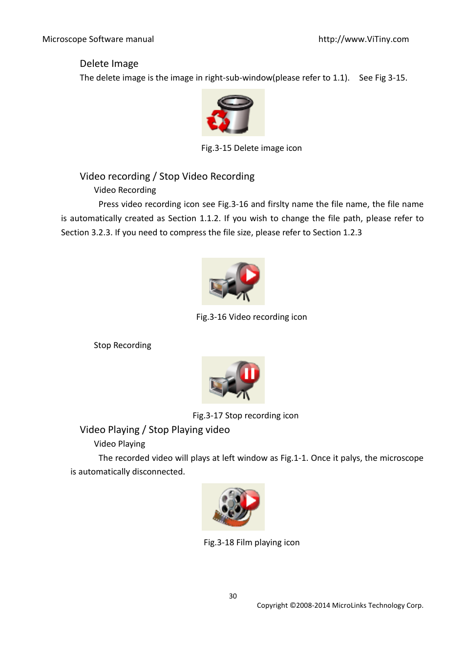 Delete image, Video recording / stop video recording, Video recording | Stop recording, Video playing / stop playing video, Video playing | MicroLinks UM12 - user manual User Manual | Page 30 / 74