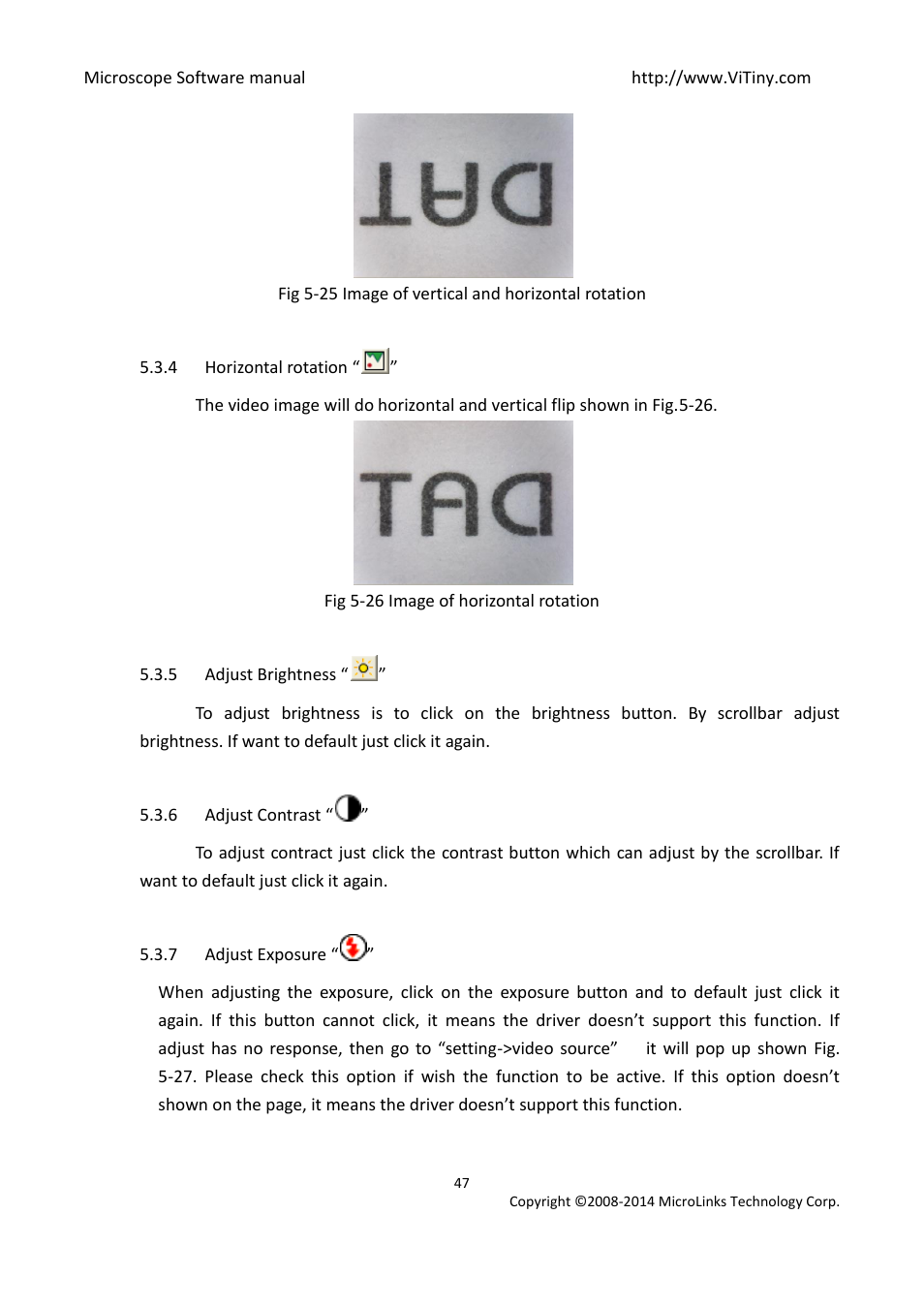 Horizontal rotation, Adjust brightness, Adjust contrast | Adjust exposure | MicroLinks UM12 - user manual User Manual | Page 47 / 74