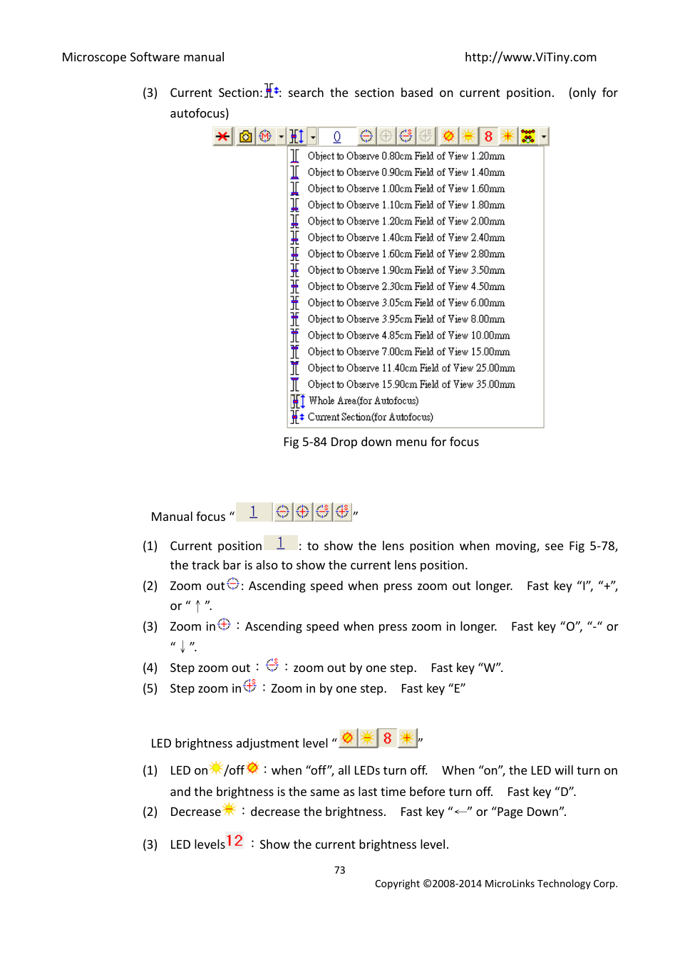 Manual focus, Led brightness adjustment level | MicroLinks UM12 - user manual User Manual | Page 73 / 74