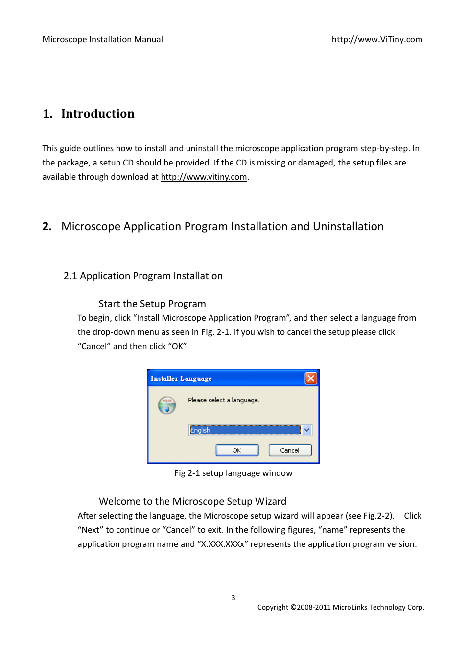 Introduction, Application program installation, Start the setup program | Welcome to the microscope setup wizard | MicroLinks UM06 - install manual User Manual | Page 3 / 8