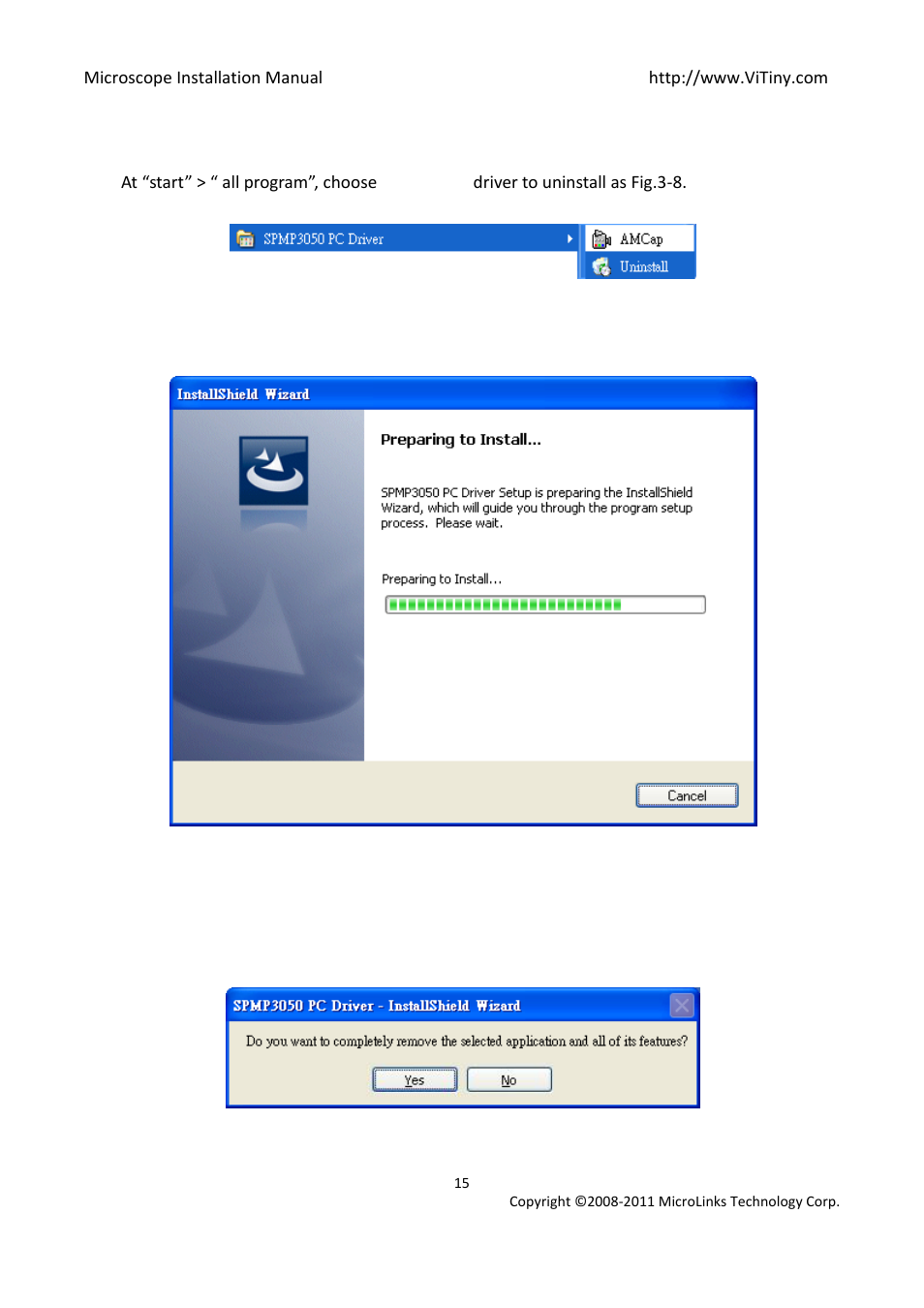 Uninstall microscope driver, Prepare to uninstall. see fig. 3-9, Confirm to remove the microscope driver | Uninstall | MicroLinks PRO10 - install manual User Manual | Page 15 / 16